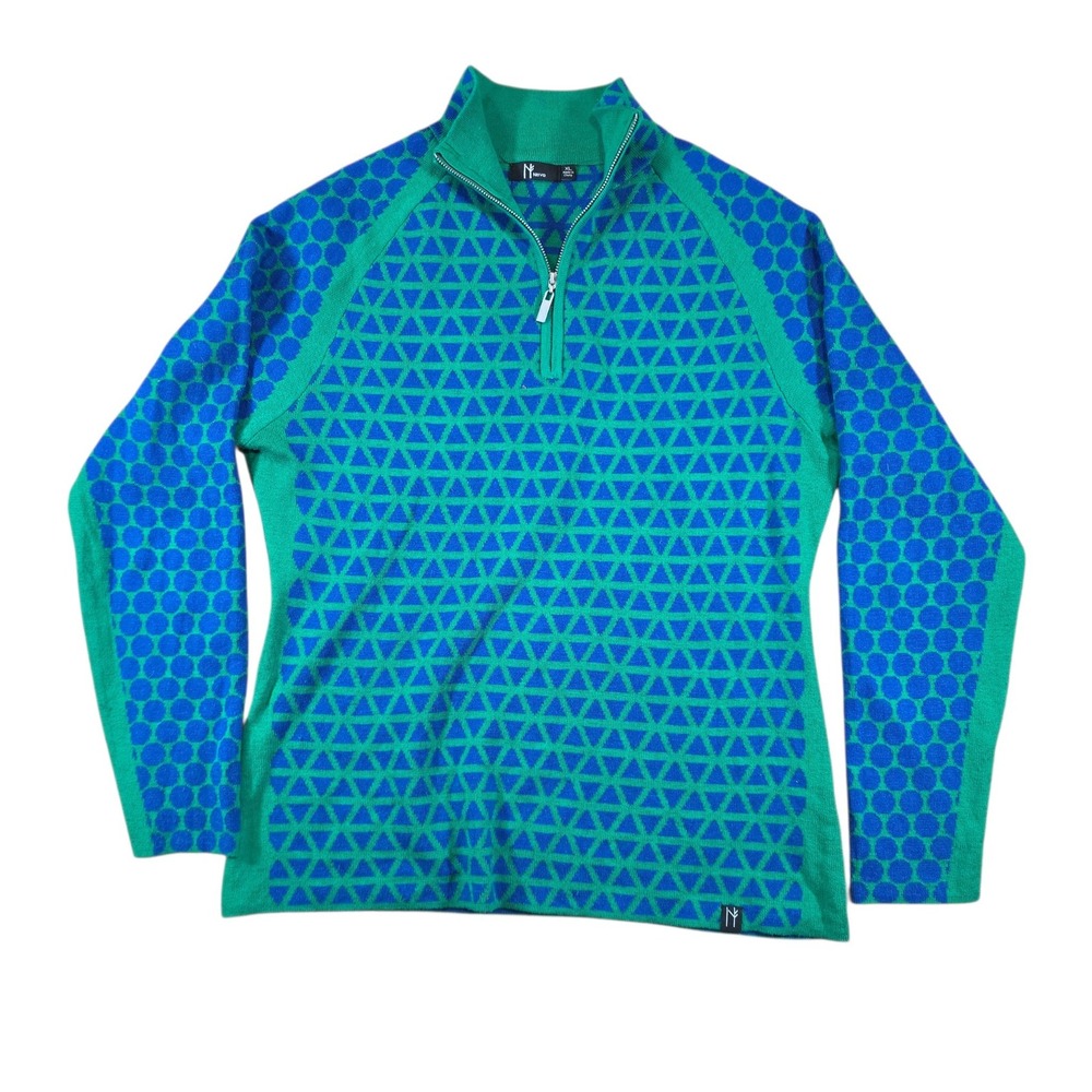 Neve Women XL 1/4 Zip Sweater Green Blue Geometric Merino Wool Blend Pullover
